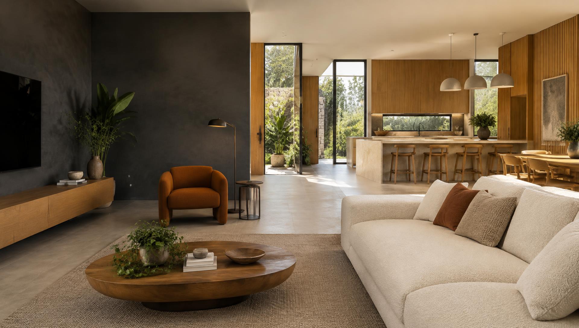 Ambiente de inspiração com sala integrada à cozinha, piso de porcelanato e acabamentos em madeira
